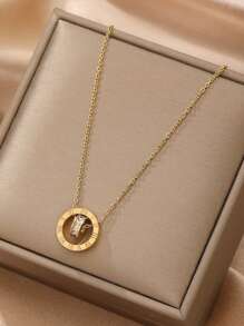 1pc Minimalist Gold Roman Numeral Rhinestone Circle Pendant Necklace - Yellow Gold - View 1