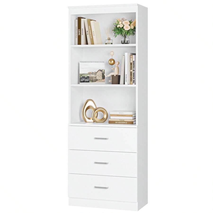 71" Tall Bookcases With 3 Large Drawers, 3 Tier Wooden Storage Bookshelf For Living Room Home Office, White - trắng - Xem 1