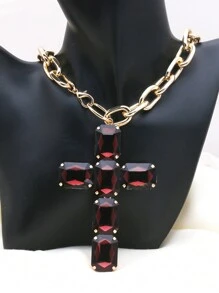 Retro Oversized Pearl Necklace With Big Glass Cross Pendant, Fashion Jewelry For Women, Christmas Gift