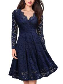 Lace V-Neck Large Swinging Tail A-Line Skirt Women's Dress For Autumn/Winter