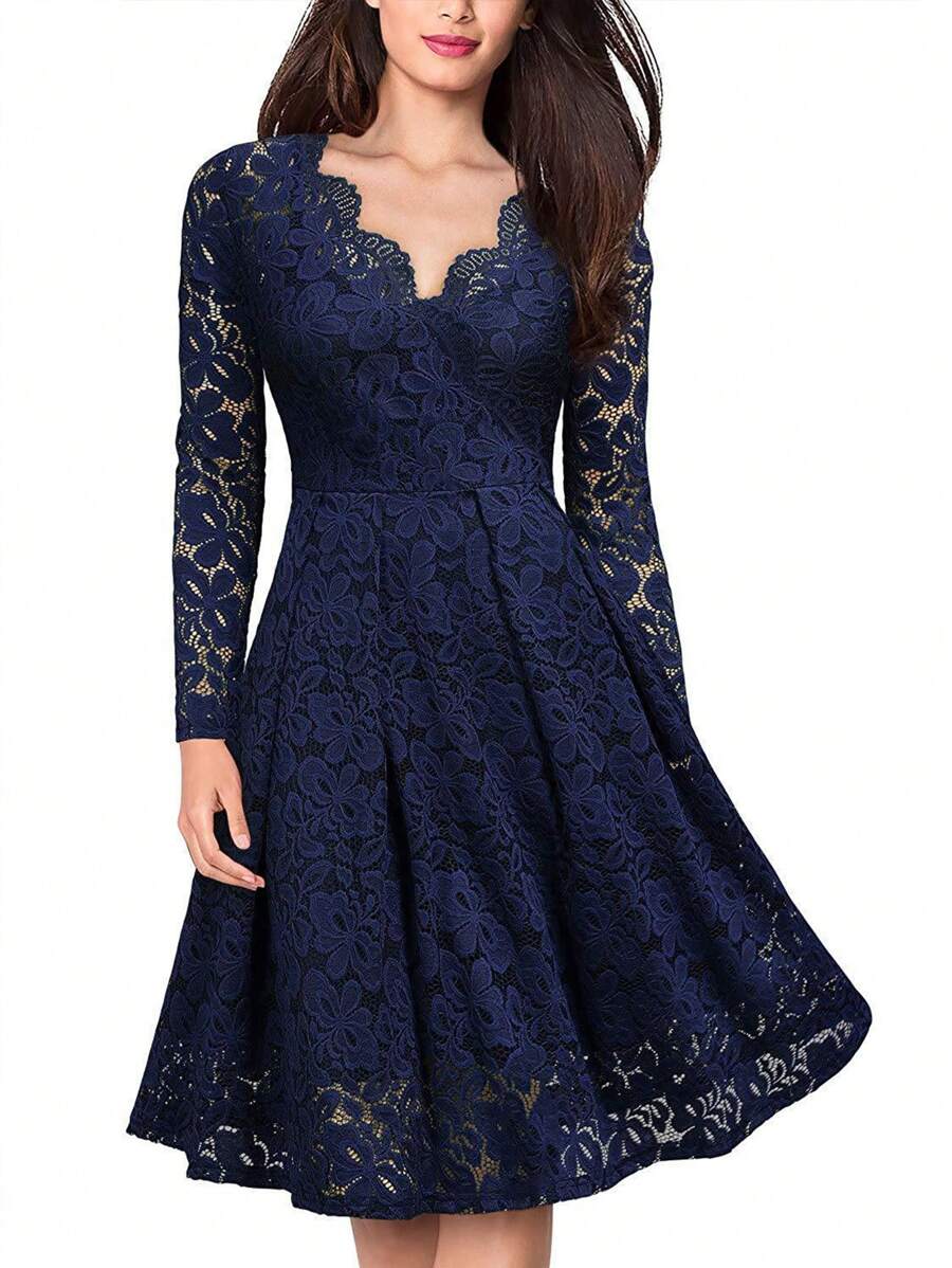 Lace V-Neck Large Swinging Tail A-Line Skirt Women's Dress For Autumn/Winter