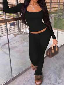 WOWDARK 女士夏季两件套，方领修身露脐上衣搭配休闲长裤，适合情人节、约会、旅行、度假等场合。 - 黑色 - 查看 5