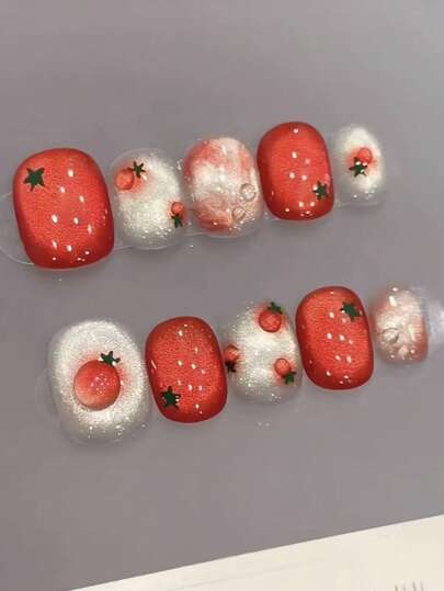 10Pcs Handmade Glass Beads Cat Eye & Tomato Gradient Manicure, Cute Simple New Year Short Nail Tip Nails Press On Nails Nail Supplies Nails