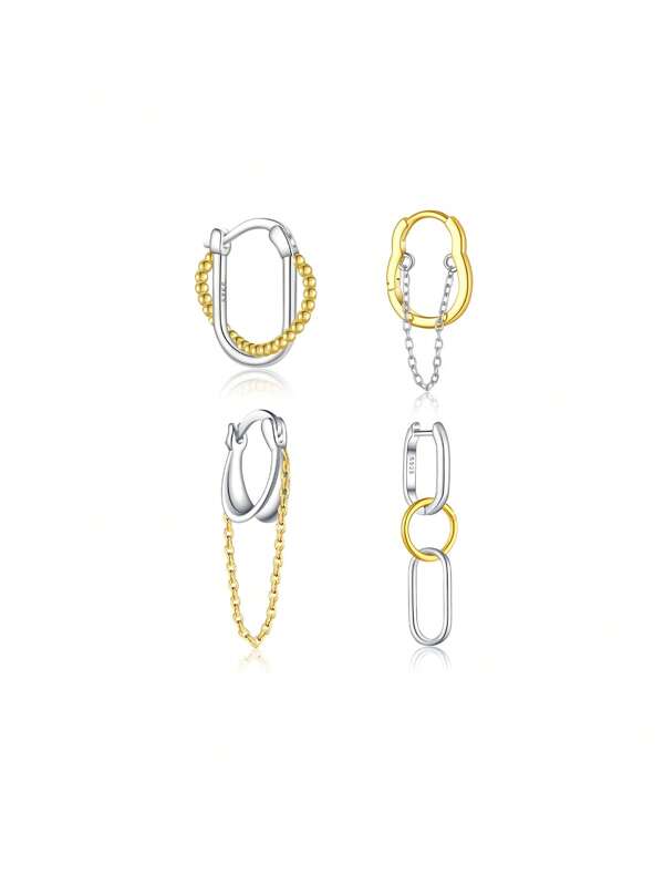 ANDYWEN 1 قطعة إكسسوار أذن فضي 925 بتصميم ثنائي اللون بسيط وأنيق للاستخدام اليومي للنساء