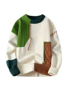 Men's Sweater With Autumn And Winter Design Sense, Contrasting Color Splicing Knit Sweater, Brand Round Neck Loose And Plush Warm Top/Cotton 45% - Orange color桔色 - 查看 5