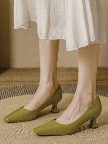 女鞋，双色简约方头高跟鞋，性感细跟，春秋新款休闲舒适一脚蹬高跟鞋，适合约会，酒红色、杏色、黑色、绿色可选 - 綠色 - 查看 5