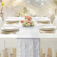6pcs Silver Sequin Table Runner 11.8" X 108.2" Silver Metallic Glitter Table Runner For Baptism, Wedding, Christmas, Birthday Party, Banquet, Valentine's Day, Holiday Party Decoration (Multiple Colors Available) - Multicolor - View 1