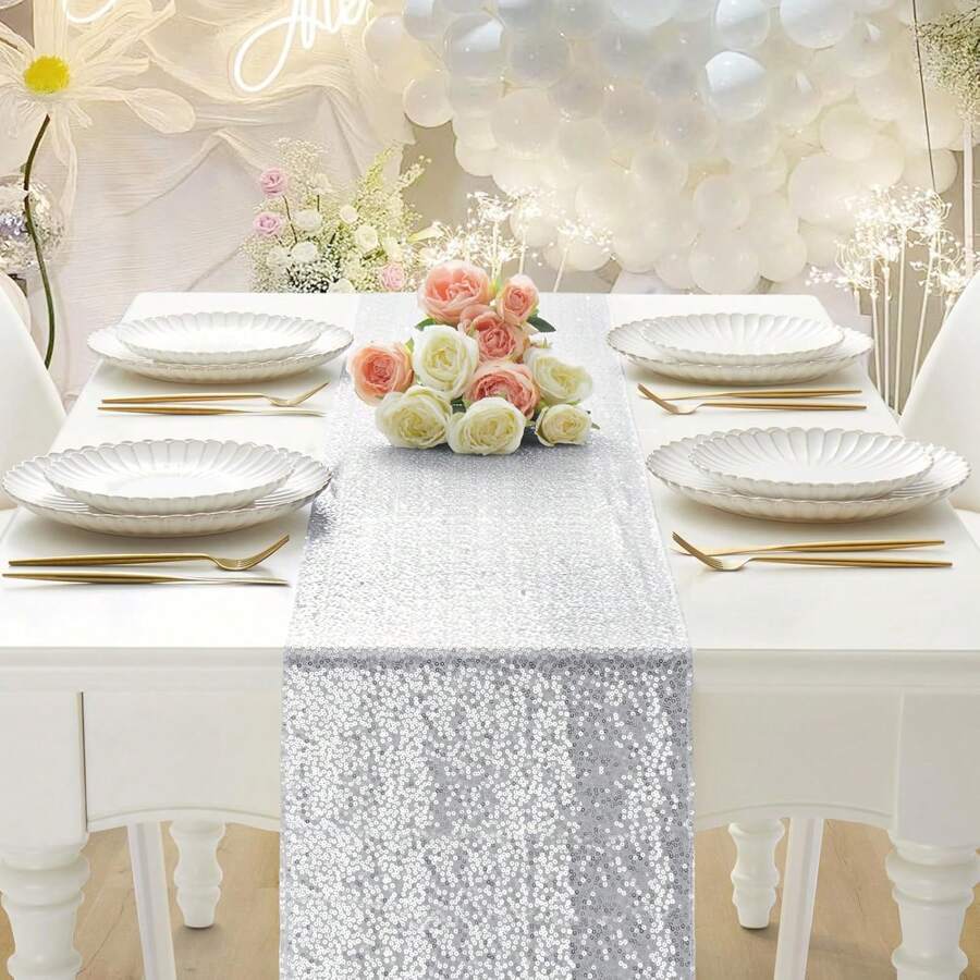 6pcs Silver Sequin Table Runner 11.8" X 108.2" Silver Metallic Glitter Table Runner For Baptism, Wedding, Christmas, Birthday Party, Banquet, Valentine's Day, Holiday Party Decoration (Multiple Colors Available) - Multicolor - View 1