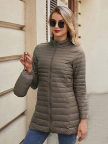 ZIAI 女士纯色前拉链长袖休闲羽绒服，冬季 - 駝色 - 查看 3