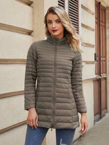 ZIAI 女士纯色前拉链长袖休闲羽绒服，冬季 - 駝色 - 查看 4