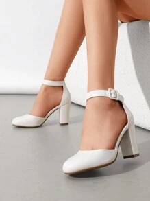 Women Ankle Strap Chunky Heel Pumps Round Toe High Heel Comfortable Elegant Work Dating Wedding Party Dress Shoes - 白色 - 查看 4