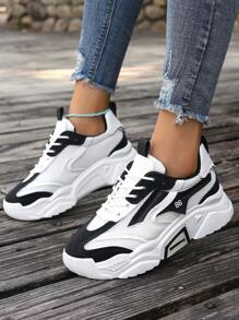 2024 新款女士厚底运动鞋网眼撞色休闲鞋，厚底厚实运动鞋，黑色，四季皆宜 - 黑與白 - 查看 1