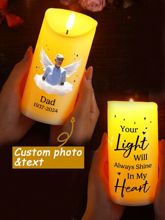 1pc Personalized Commemorative LED Candles, Customized Photos And Names, Paying Tribute To Loved Ones, Beautiful And Realistic Candlelight Effects, Commemorative Precious Moments, Condolence Gifts, Family Gifts, Valentine's Day, Valentine's Day Decor Exquisite, Vintage Custom, Personalized, Unique Ideal Gifts For Her Boyfriend, Girlfriend, Dad, Mom, Family, Friends Home, Living Room Birthday Graduation,Christmas Gift Supplies