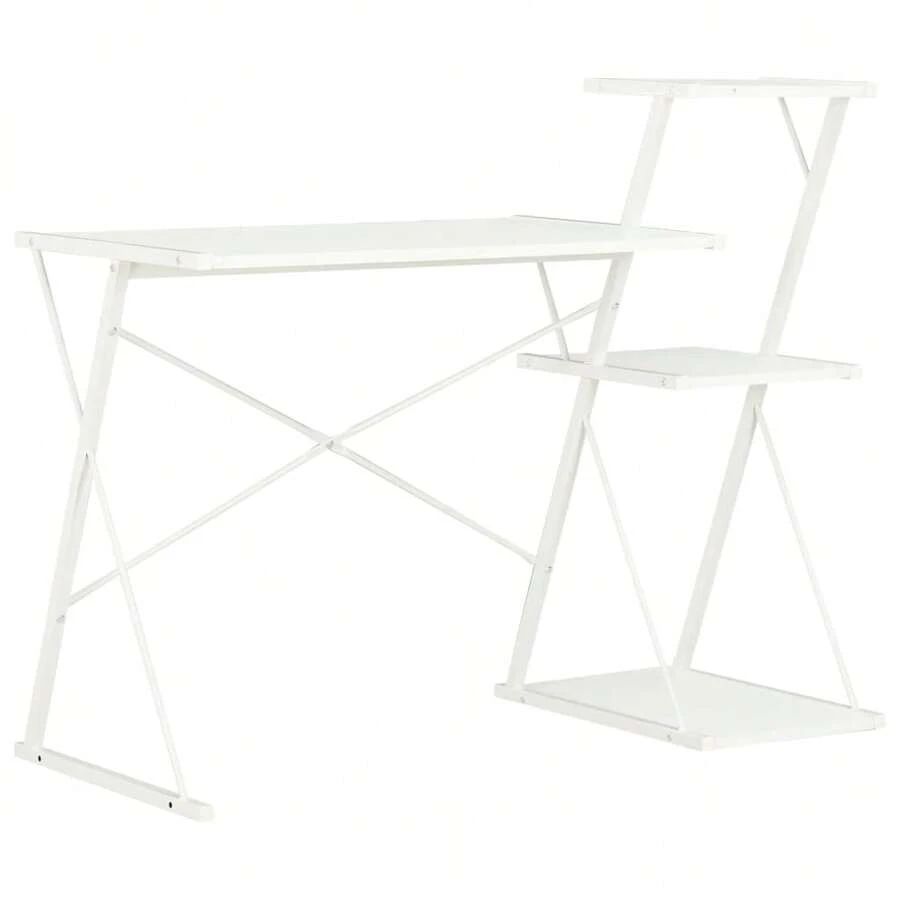 White Desk With Shelf 116 Cm Wide Modern Minimalist Design Storage Solution For Home Office Workspace And Study Area - White - View 1