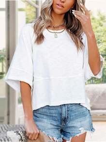 Women's Summer Casual Crewneck Batwing Half Sleeve T-Shirts Solid Color Loose Fit Cute Basic Flowy Tops Tees Blouses - 白色 - 查看 2