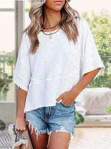 Women's Summer Casual Crewneck Batwing Half Sleeve T-Shirts Solid Color Loose Fit Cute Basic Flowy Tops Tees Blouses - 白色 - 查看 1