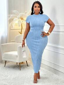 BIUBIU 2pcs/Set Women Summer Solid Color Crop Top & Bodycon Long Skirt - Sky Blue - View 6