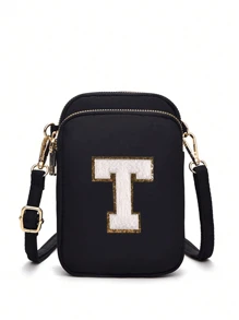 A Crossbody Bag That Can Be Customized With Your Own Name, Lucky Number, Letter, And Text, With 26 Letter Patches For Diy, A Bag That Is Classic And Versatile, With A Three-Layer Zipper Design That Can Hold Mobile Phones, Coins, Etc., Pc Casual Fashion Crossbody Walking Bag With Mobile Phone Cloth Bag Vertical Coin Purse Suitable For Girls, Travel, Back To School, Gifts Back To School Winter Gift Ideas Boy Girl Valentine's Day - Black Three-layer Gold Zipper + 5.5 White Letters - View 19