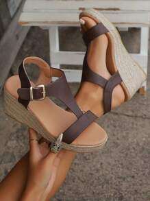Women's New Summer European & American Retro Open Toe Comfortable Straw Braided Platform Wedge High Heel Sandals,Travel Essential - Coffee Brown - View 5