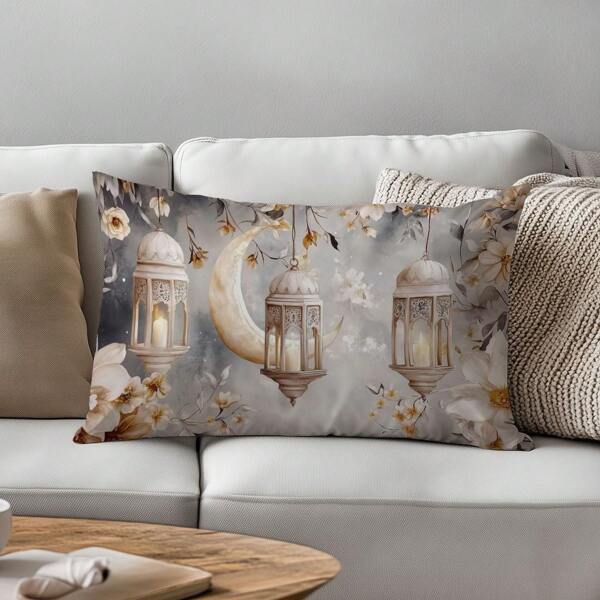 1pc Vintage Floral Lantern & Moon Pattern Cushion Cover, Single-Sided Printed Peach Velvet Material, 30*50CM/11.8*19.7in Pillow Sham Suitable For Modern Minimalist Sofa, Living Room Decor, Party Decor, Gift