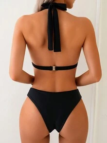 全新性感吊带深 V 领女式比基尼套装，黑色夏季 - 黑色 - 查看 2