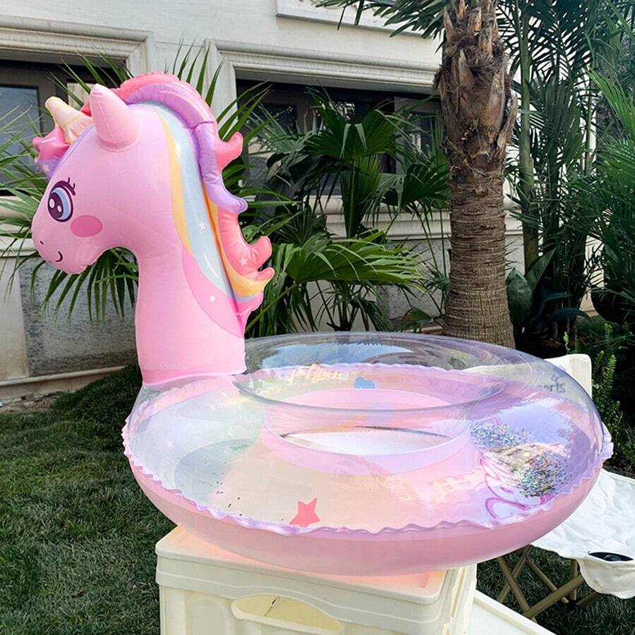 1pc Inflatable Sequins Unicorn Swimming Ring, Thick PVC Outdoor Pool Party Underarm Circle Swimming Sports Accessory - Pink - View 1