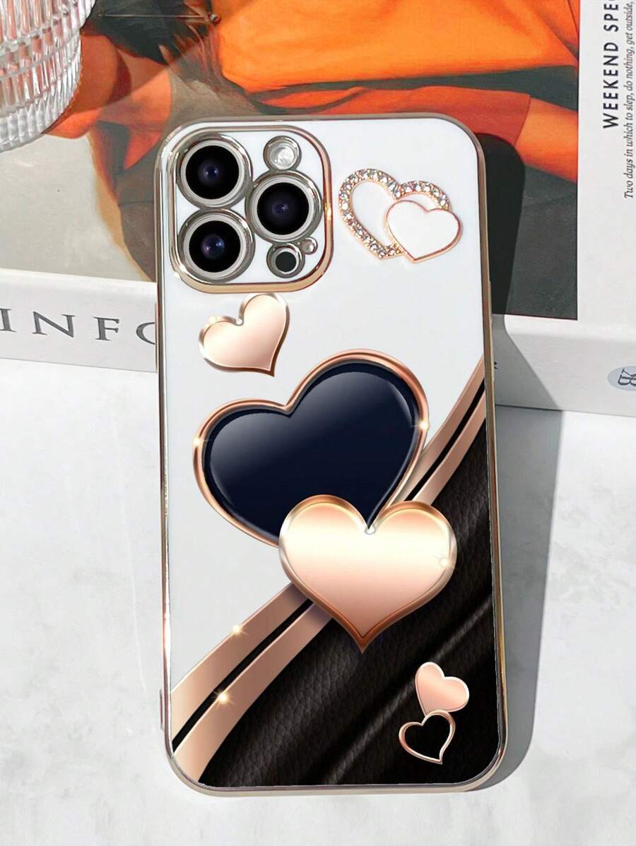 Valentines Fashion 1pc White TPU Electroplating Heart Pattern Shockproof Phone Case & 1pc White Electroplated Rhinestone Heart Phone Case,International Version, Not The Domestic Version - Multicolor - View 1