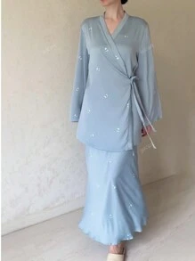2pcs Set Elegant Women's Fashion Personalized Long Sleeve Retro Printed Satin V-Neck Dress Suit, Retro Top & Skirt