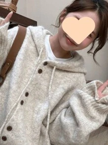 Women's Oversized Knit Hoodie Cardigan With Button-Up Front