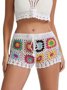 Women's Summer Knit Crochet Shorts Casual Hollow Out Elastic Waist Drawstring Short Pants Shorts - trắng - Xem 2
