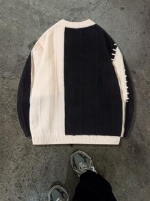 Suéter masculino retrô de corte folgado com blocos de cores, ideal para outono/inverno, manga longa.