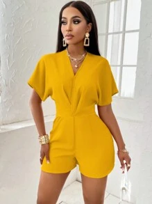 Amarilo Women'S Batwing Short Sleeve Asymmetrical Waist Romper - Turmeric - View 4