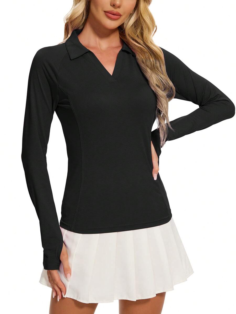 MathCat Women's Long Sleeve Golf Shirts UPF50+ Quickly Dry Tennis Polo Lightweight Sports Athletic Tops - 黑色 - 查看 1