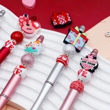 6支装红色、粉色、银色LOVE主题黑色墨水DIY串珠圆珠笔套装，包含硅胶珠、木珠、亚克力珠，造型包括丘比特、花朵、吉他、蛋糕、信封等，适合作为婚礼、派对、周年纪念礼物送给女友、妻子或作为生日礼物 - 彩色 - 查看 6