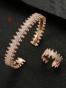 2 件套方晶锆石镶嵌个性化手镯和戒指首饰套装 - 彩色 - 查看 8