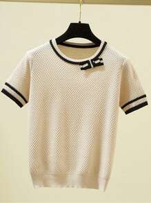 Crew Neck Short Sleeve Knit Pullover T-Shirt, Versatile For Women, Spring/Summer - Apricot - View 3