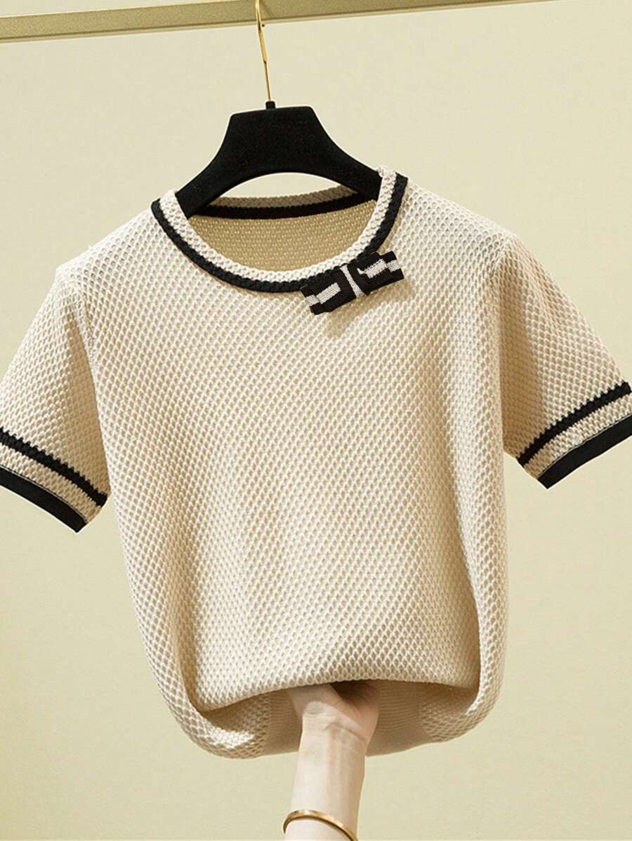 Crew Neck Short Sleeve Knit Pullover T-Shirt, Versatile For Women, Spring/Summer - Apricot - View 1