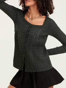 Y2K Fairy Grunge Knit Long Sleeve Tunic Tops Low Cut Peplum Babydoll Blouse Button Down Harajuku 90s Sweater - màu đen - Xem 6