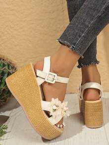 女士坡跟厚底凉鞋，夏季正装鞋，新款时尚系带厚底罗马花鞋 - 米色 - 查看 2