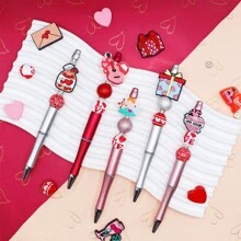 6支装红色、粉色、银色LOVE主题黑色墨水DIY串珠圆珠笔套装，包含硅胶珠、木珠、亚克力珠，造型包括丘比特、花朵、吉他、蛋糕、信封等，适合作为婚礼、派对、周年纪念礼物送给女友、妻子或作为生日礼物 - 彩色 - 查看 5