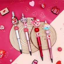 6支装红色、粉色、银色LOVE主题黑色墨水DIY串珠圆珠笔套装，包含硅胶珠、木珠、亚克力珠，造型包括丘比特、花朵、吉他、蛋糕、信封等，适合作为婚礼、派对、周年纪念礼物送给女友、妻子或作为生日礼物 - 彩色 - 查看 7