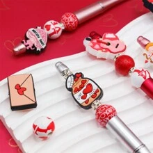 6支装红色、粉色、银色LOVE主题黑色墨水DIY串珠圆珠笔套装，包含硅胶珠、木珠、亚克力珠，造型包括丘比特、花朵、吉他、蛋糕、信封等，适合作为婚礼、派对、周年纪念礼物送给女友、妻子或作为生日礼物 - 彩色 - 查看 9