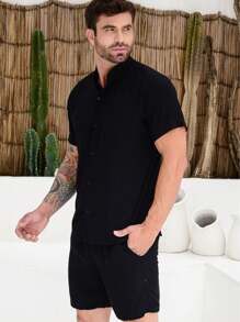 Men's Viscolinho Set With Button-Down Shirt Shorts Summer Beachwear - Black - View 4