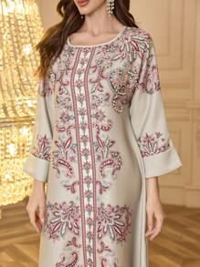 meilun Women Rhinestone Beaded Floral Print Long Robe, Elegant Arabian Modest Long Sleeve Dress - Green - View 6