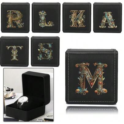 PU材质方形黑色创意手表盒，带礼品袋，高品质腕表盒，新款奢华手表盒，防潮防尘，展示收纳盒，节日礼品装饰盒，可定制姓名首字母（26个字母），图案精美。