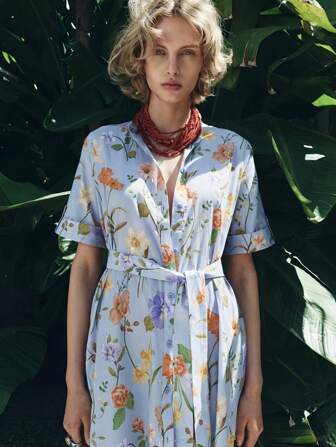 夏季新款欧美跨境女装时尚腰系带碎花修身连衣裙