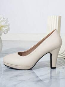 Women's Beige Slip-On High Heel Pumps, Versatile Office Shoes With Chunky Heels - Beige - View 5