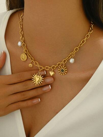 LIEBEIRIS 1 pieza Collar de acero inoxidable con colgante de corazón geométrico chapado en oro de 18k, apropiado para uso diario y como regalo