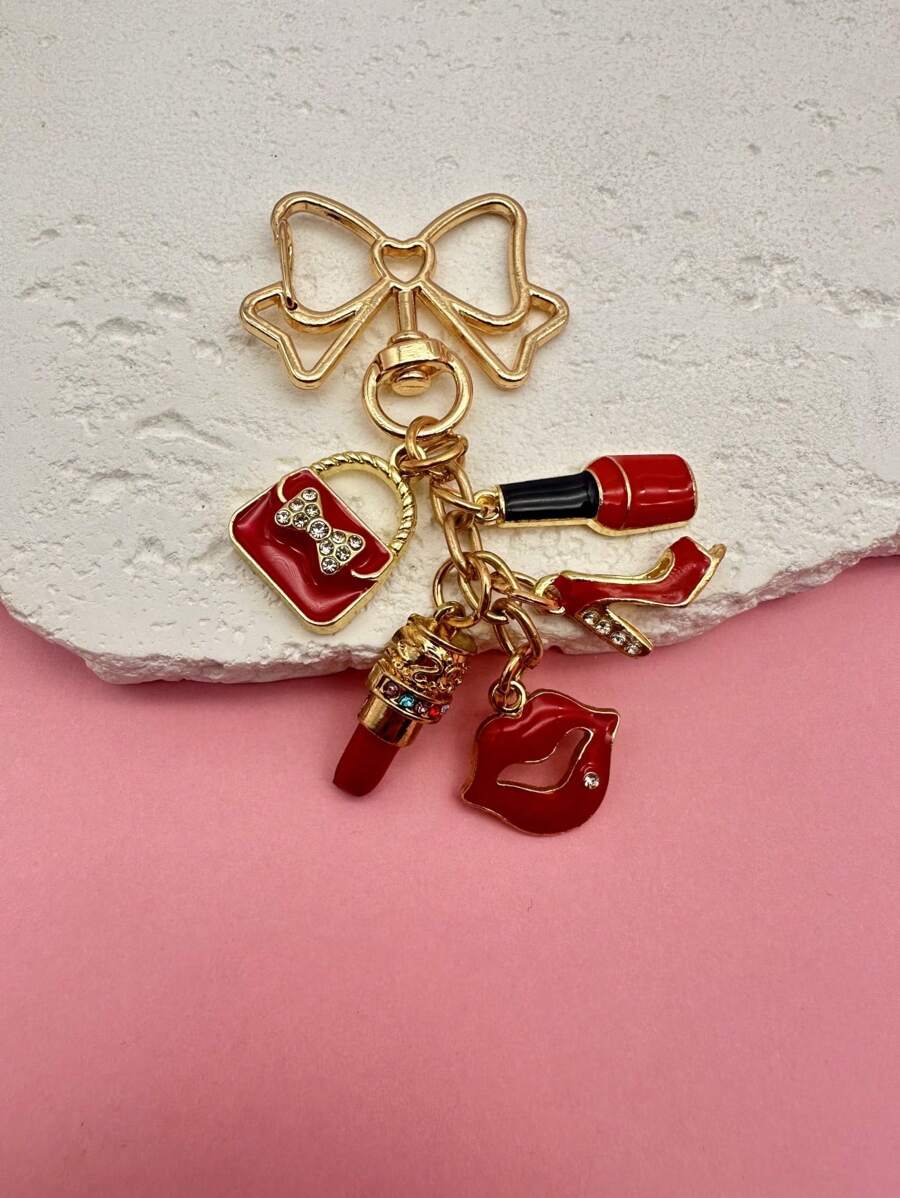 HAILIAN 1个女士简约酒红色手提包，可装香水、高跟鞋、指甲油，可用作装饰包、吊坠和钥匙扣，情人节礼物，蝴蝶结装饰情人节礼物