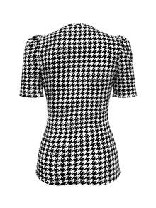 女士泡泡袖修身 V 领短袖上衣，夏季优雅朴素图案 T 恤 - 黑與白 - 查看 3